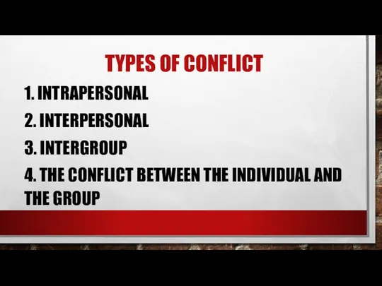 TYPES OF CONFLICT 1. INTRAPERSONAL 2. INTERPERSONAL 3. INTERGROUP 4.