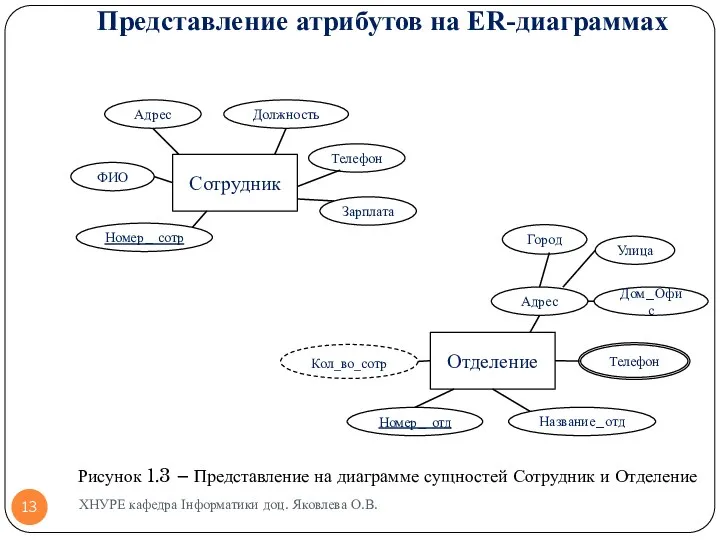 Представление атрибутов на ER-диаграммах ХНУРЕ кафедра Інформатики доц. Яковлева О.В.