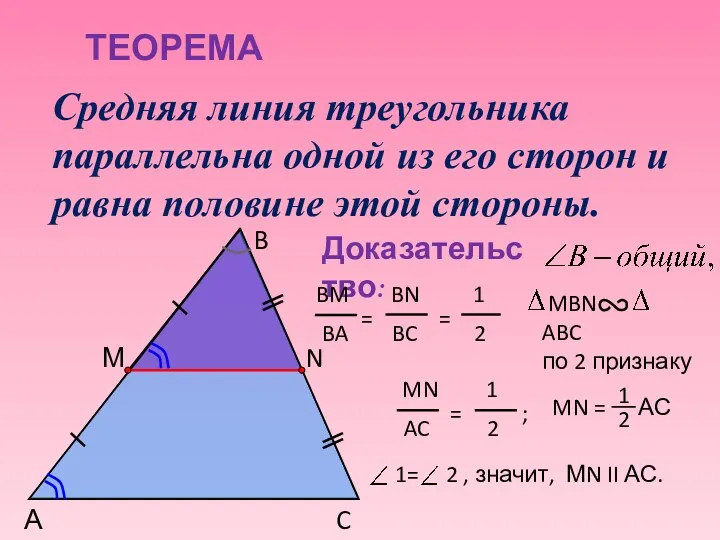 ТЕОРЕМА Средняя линия треугольника параллельна одной из его сторон и равна половине этой