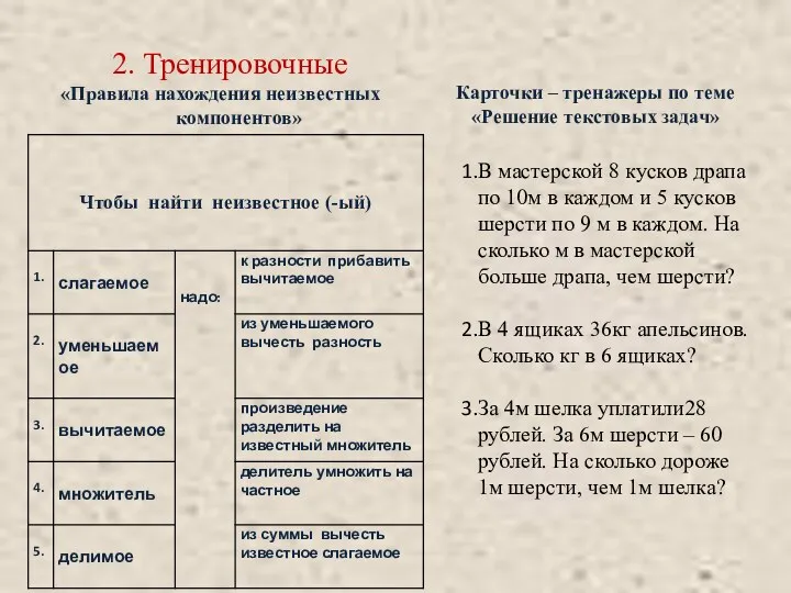 Карточки – тренажеры по теме «Решение текстовых задач» 2. Тренировочные