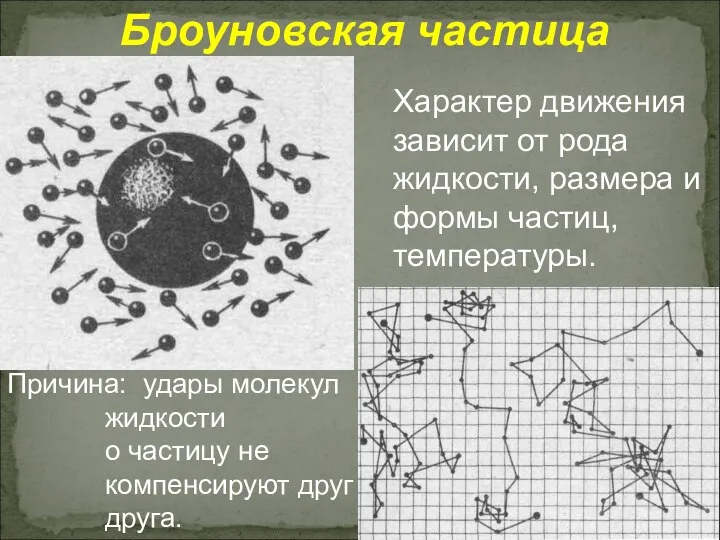 Причина: удары молекул жидкости о частицу не компенсируют друг друга.