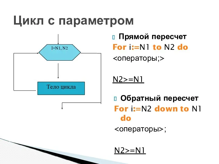 Прямой пересчет For i:=N1 to N2 do N2>=N1 Обратный пересчет