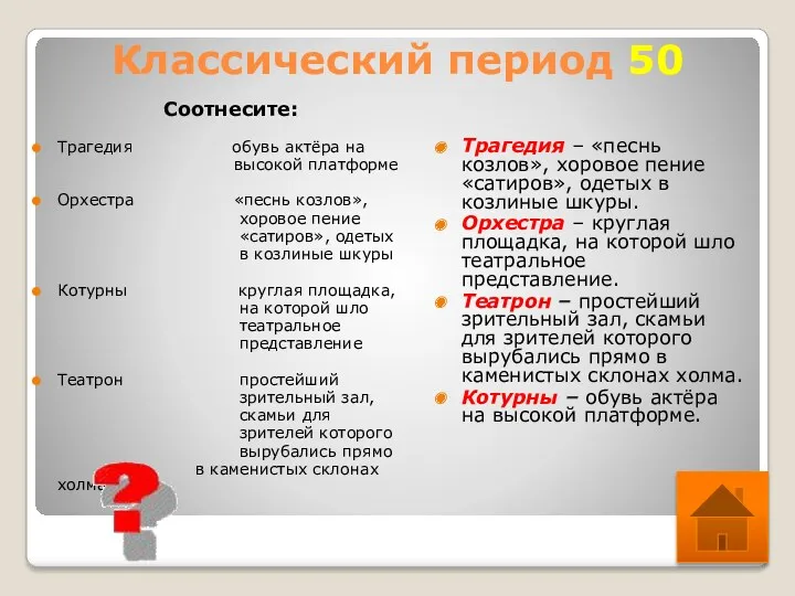 Классический период 50 Соотнесите: Трагедия обувь актёра на высокой платформе Орхестра «песнь козлов»,