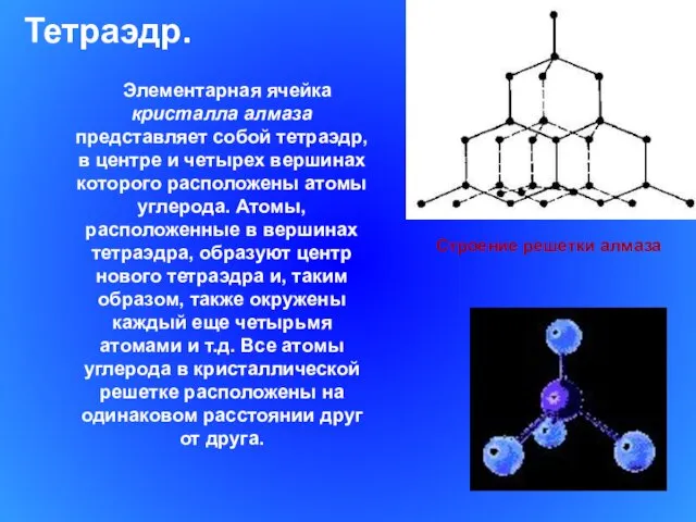 Элементарная ячейка кристалла алмаза представляет собой тетраэдр, в центре и четырех вершинах которого