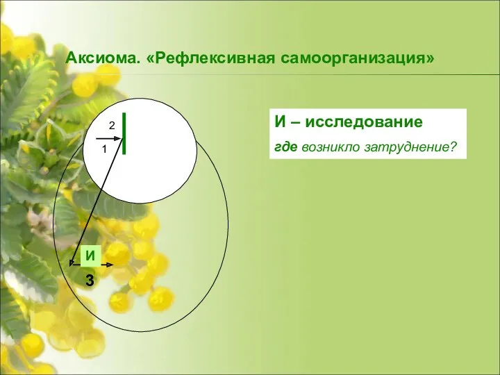 2 1 И И – исследование где возникло затруднение? 3 Аксиома. «Рефлексивная самоорганизация»