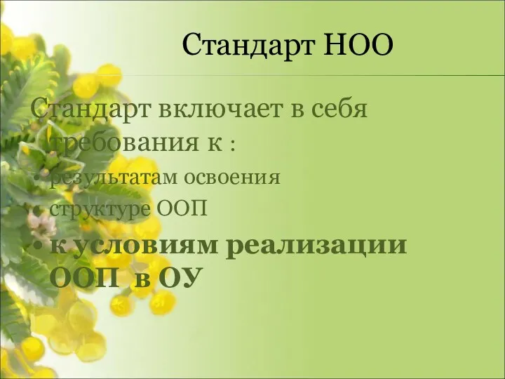 Стандарт НОО Стандарт включает в себя требования к : результатам освоения структуре ООП