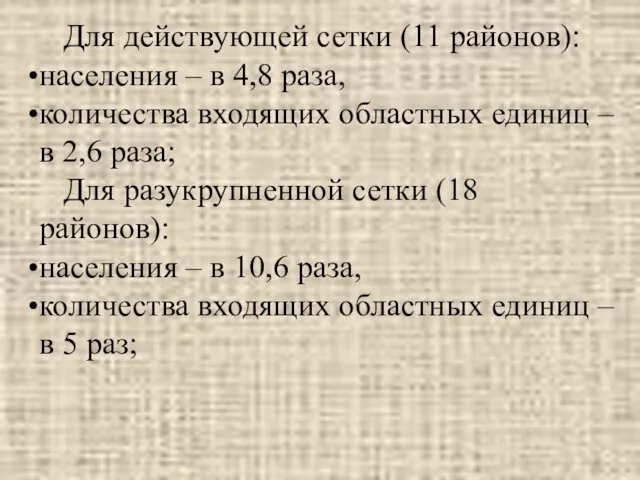 Для действующей сетки (11 районов): населения – в 4,8 раза,