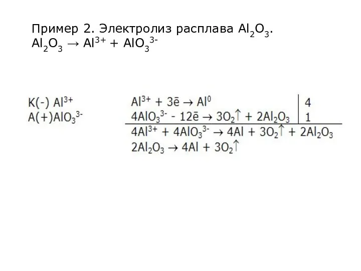 Пример 2. Электролиз расплава Аl2O3. Аl2O3 → Аl3+ + АlO33-