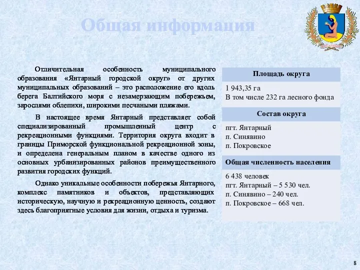 Общая информация Отличительная особенность муниципального образования «Янтарный городской округ» от