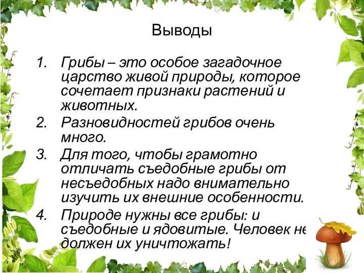 Выводы Грибы – это особое загадочное царство живой природы, которое