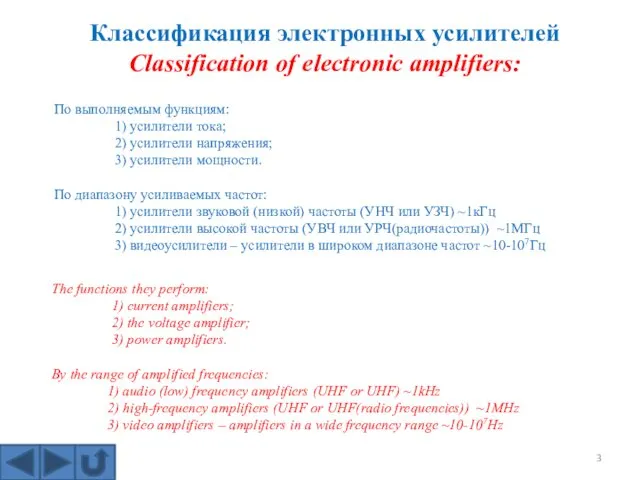 Классификация электронных усилителей Classification of electronic amplifiers: По выполняемым функциям: