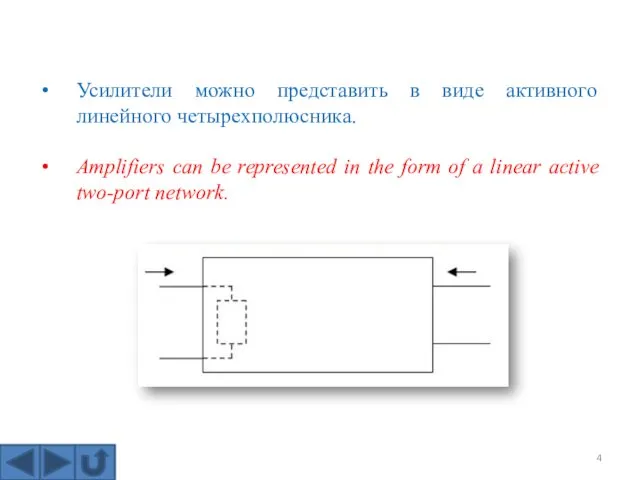Усилители можно представить в виде активного линейного четырехполюсника. Amplifiers can