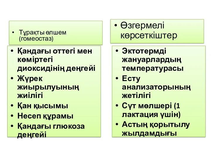 Тұрақты өлшем (гомеостаз) Қандағы оттегі мен көміртегі диоксидінің деңгейі Жүрек