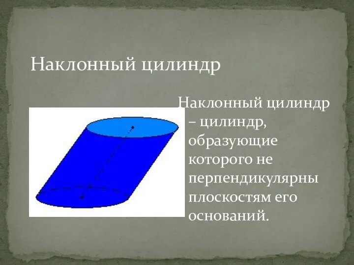 Наклонный цилиндр Наклонный цилиндр – цилиндр, образующие которого не перпендикулярны плоскостям его оснований.