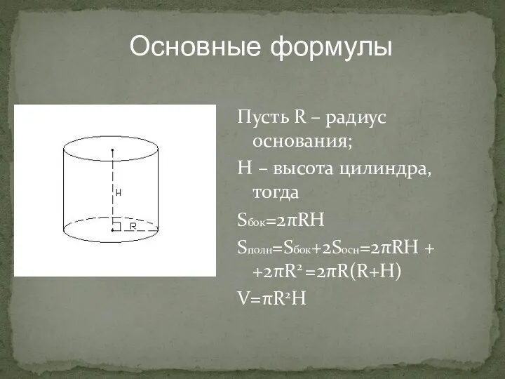 Пусть R – радиус основания; H – высота цилиндра, тогда