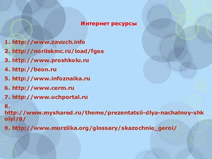 Интернет ресурсы 1. http://www.zavuch.info 2. http://norilskmc.ru/load/fgos 3. http://www.proshkolu.ru 4. http://beon.ru 5. http://www.infoznaika.ru 6.