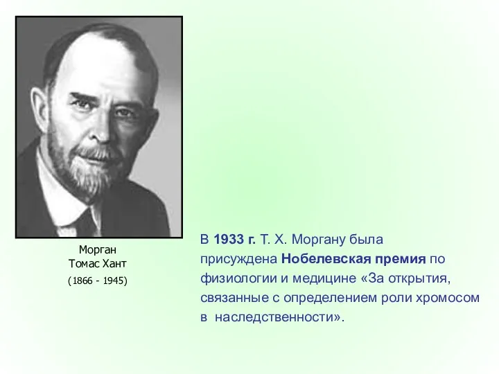 В 1933 г. Т. Х. Моргану была присуждена Нобелевская премия по физиологии и
