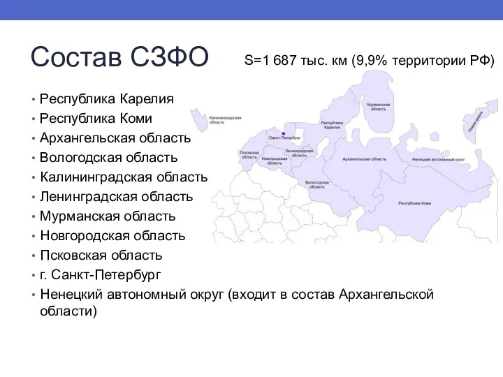 Состав СЗФО Республика Карелия Республика Коми Архангельская область Вологодская область