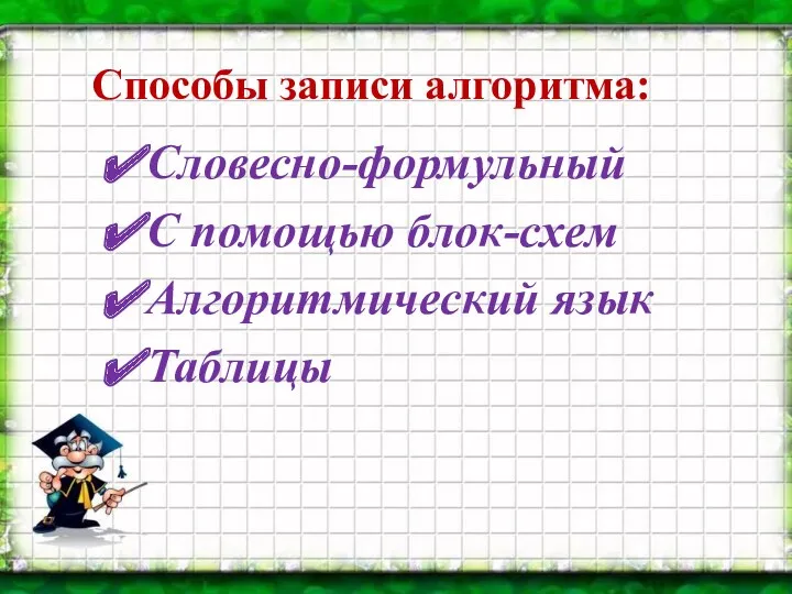 Словесно-формульный С помощью блок-схем Алгоритмический язык Таблицы Способы записи алгоритма: