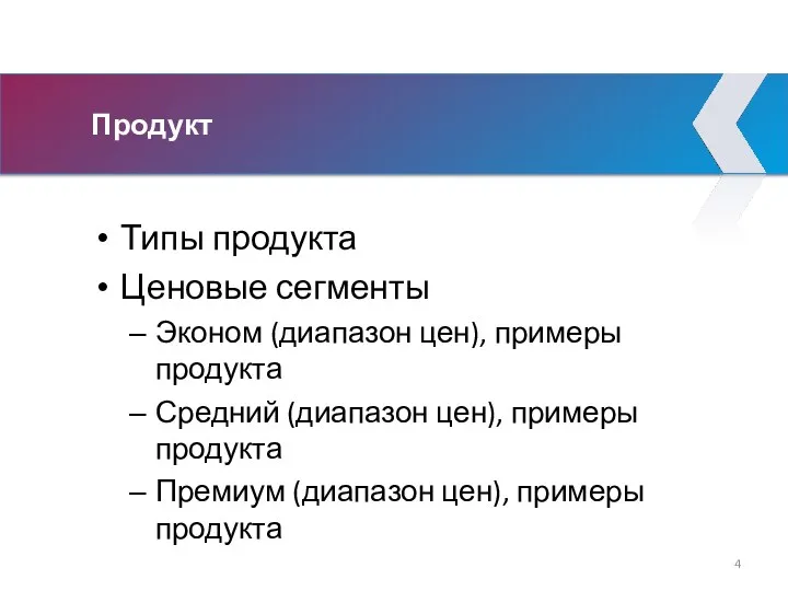 Продукт Типы продукта Ценовые сегменты Эконом (диапазон цен), примеры продукта