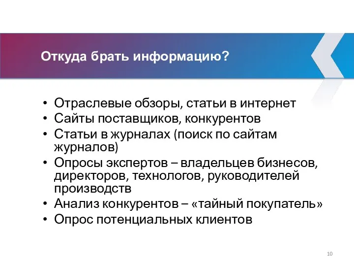 Откуда брать информацию? Отраслевые обзоры, статьи в интернет Сайты поставщиков,