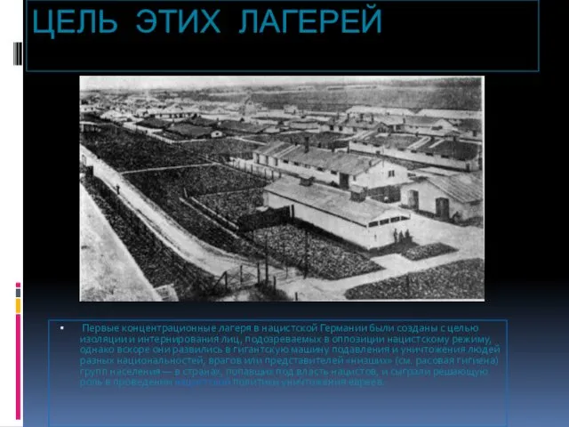 ЦЕЛЬ ЭТИХ ЛАГЕРЕЙ Первые концентрационные лагеря в нацистской Германии были