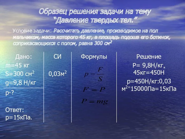 Образец решения задачи на тему “Давление твердых тел.” Условие задачи: