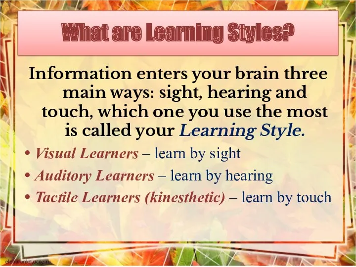 What are Learning Styles? Information enters your brain three main