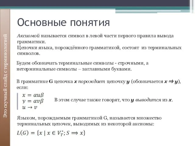 Основные понятия Это скучный слайд с терминологией В грамматике G цепочка x порождает