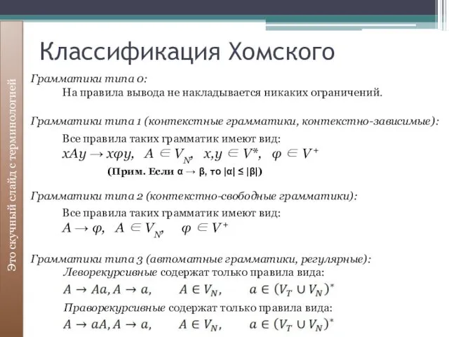 Классификация Хомского Это скучный слайд с терминологией Грамматики типа 0: На правила вывода