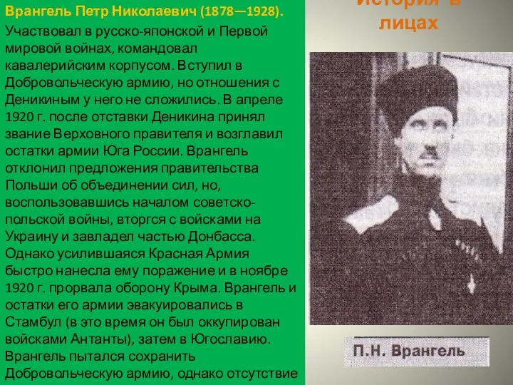История в лицах Врангель Петр Николаевич (1878—1928). Участвовал в русско-японской