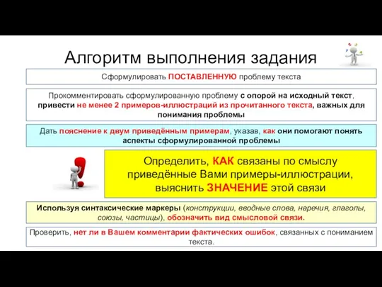 Алгоритм выполнения задания Прокомментировать сформулированную проблему с опорой на исходный