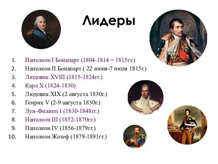 Лидеры Наполеон I Бонапарт (1804-1814 + 1815гг.) Наполеон II Бонапарт