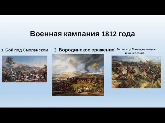 Военная кампания 1812 года 1. Бой под Смоленском 2. Бородинское