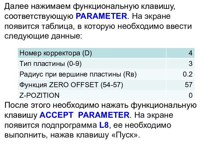 Далее нажимаем функциональную клавишу, соответствующую PARAMETER. На экране появится таблица, в которую необходимо