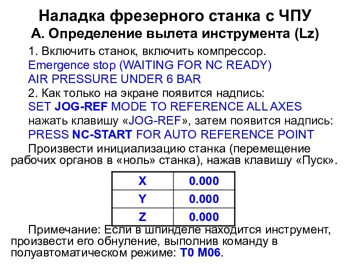 Наладка фрезерного станка с ЧПУ A. Определение вылета инструмента (Lz) 1. Включить станок,