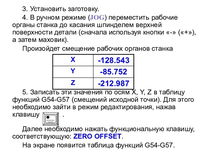 3. Установить заготовку. 4. В ручном режиме (JOG) переместить рабочие органы станка до