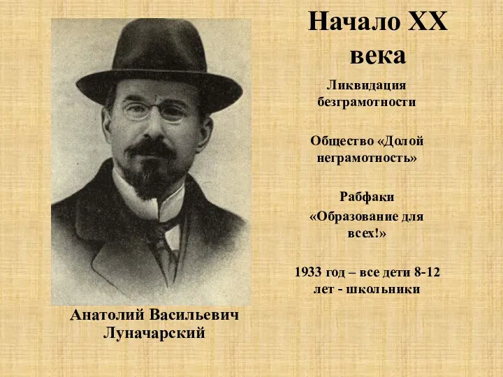 Анатолий Васильевич Луначарский Ликвидация безграмотности Общество «Долой неграмотность» Рабфаки «Образование