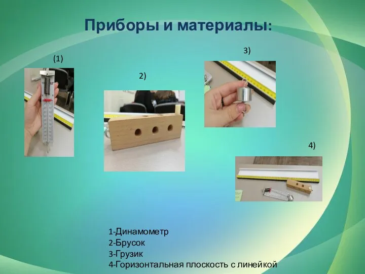 2) 3) (1) 4) Приборы и материалы: 1-Динамометр 2-Брусок 3-Грузик 4-Горизонтальная плоскость с линейкой