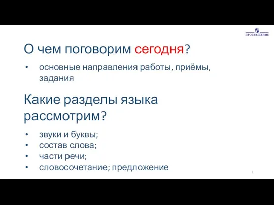 О чем поговорим сегодня? основные направления работы, приёмы, задания Какие разделы языка рассмотрим?