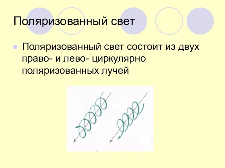 Поляризованный свет Поляризованный свет состоит из двух право- и лево- циркулярно поляризованных лучей