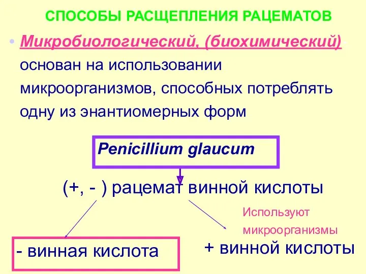 СПОСОБЫ РАСЩЕПЛЕНИЯ РАЦЕМАТОВ Микробиологический, (биохимический)- основан на использовании микроорганизмов, способных