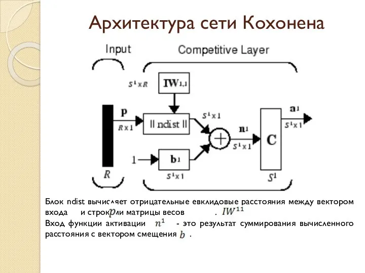 Архитектура сети Кохонена Блок ndist вычисляет отрицательные евклидовые расстояния между