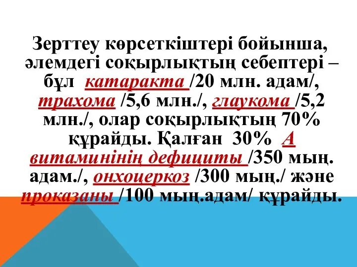 Зерттеу көрсеткіштері бойынша, әлемдегі соқырлықтың себептері –бұл катаракта /20 млн.