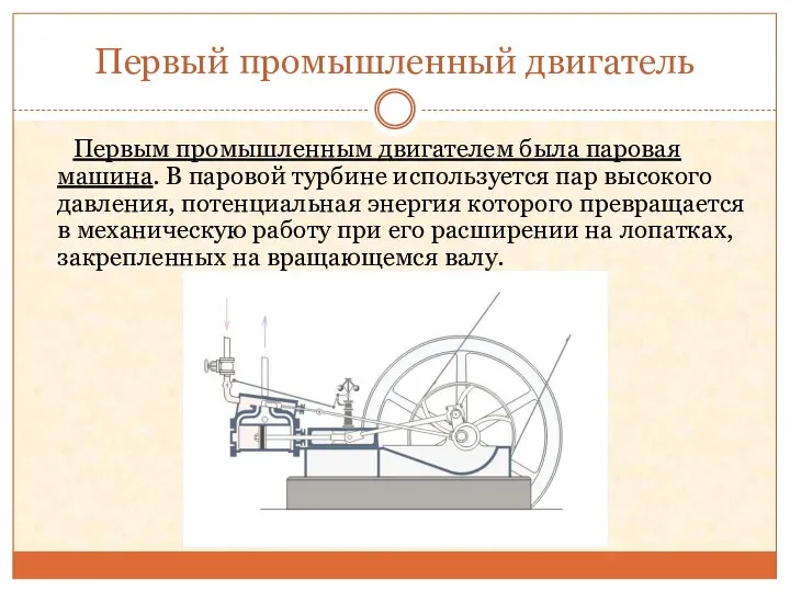 Первый промышленный двигатель Первым промышленным двигателем была паровая машина. В