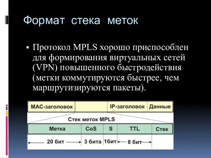 Формат стека меток Протокол MPLS хорошо приспособлен для формирования виртуальных сетей (VPN) повышенного