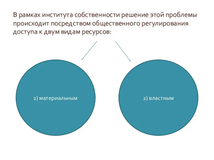 В рамках института собственности решение этой проблемы происходит посредством общественного регулирования доступа к