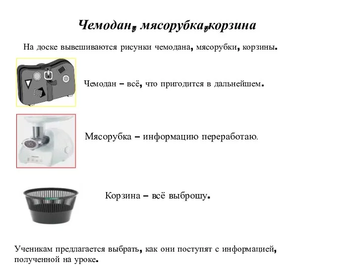 Чемодан, мясорубка,корзина На доске вывешиваются рисунки чемодана, мясорубки, корзины. Чемодан