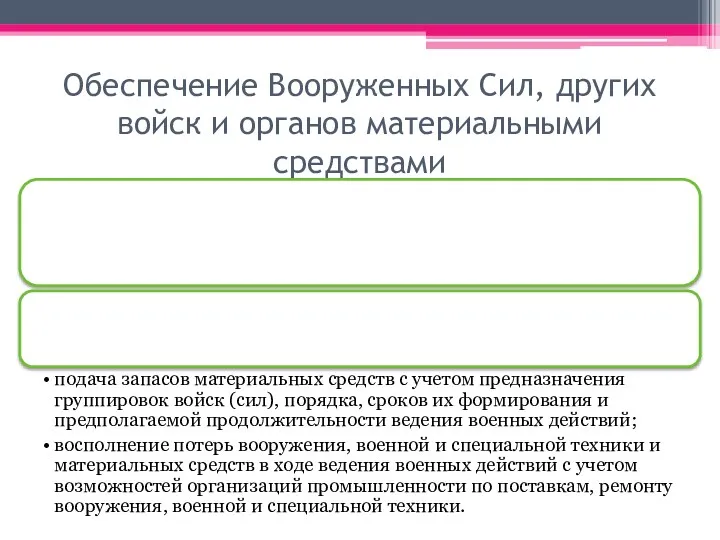 Обеспечение Вооруженных Сил, других войск и органов материальными средствами