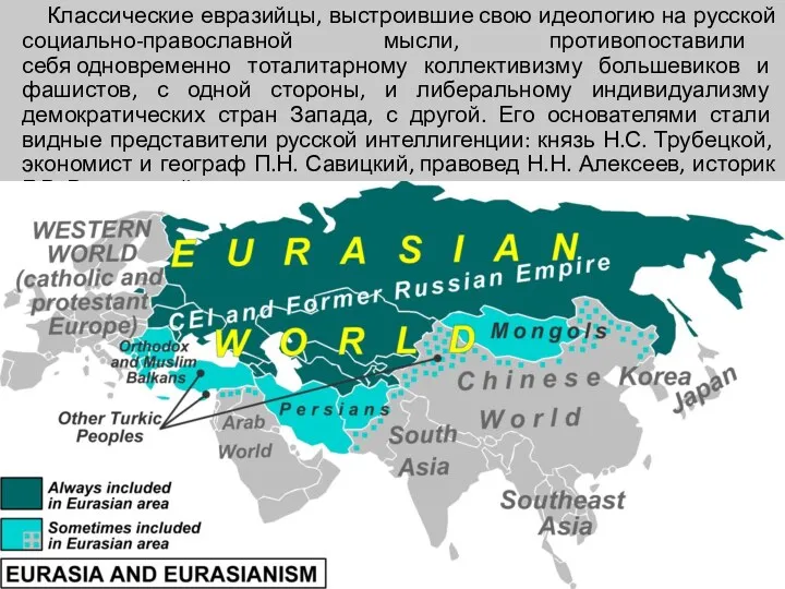 Классические евразийцы, выстроившие свою идеологию на русской социально-православной мысли, противопоставили
